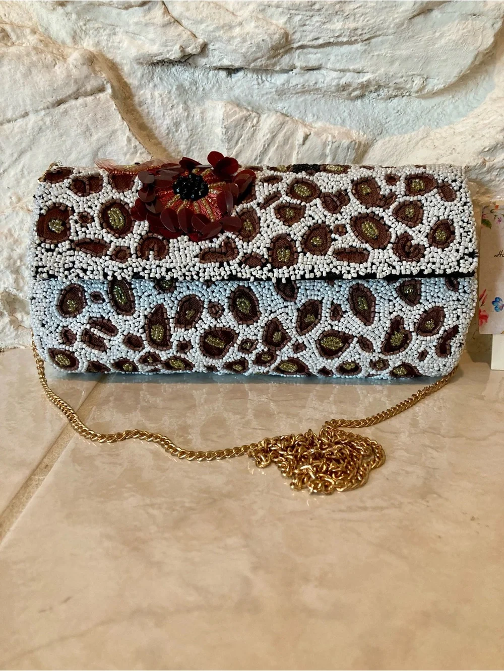 NWT “Handcrafted in India” flap front glass beaded leopard print pattern clutch